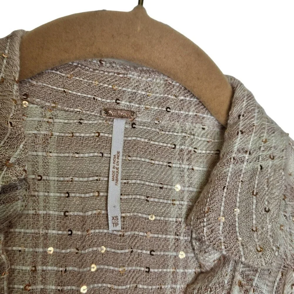 Free People Women's Fearless Love Plaid Woven Shirt Beige/Pink‎ Sequins XSmall